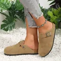 Casual tan suede closed-toe slippers featuring an adjustable metal buckle strap - 35 / Khaki