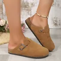 Classic women's tan suede-like closed-toe clogs with adjustable metal buckle strap - 35 / Dark Brown