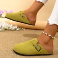 Olive green suede clogs with adjustable buckle strap and cork footbed for women - Mustard Green