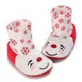Close-up of baby winter boots with Santa Claus embroidery and red snowflake patterns. - Inner Length 11cm / Santa Snowflake Red (D116)