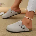 Light gray suede closed-toe clogs for women with adjustable buckle and cork-style sole - Gray