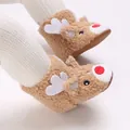 Close-up of cute brown fleece reindeer baby shoes with soft white antlers and red nose - Inner Length 11cm / Camel Reindeer Granular Velvet (D112)