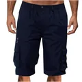 Detail of men's navy blue cargo shorts with multi-pockets and relaxed fit - M / Bottoms / Navy Blue