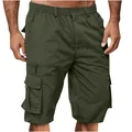Detail view of army green men's cargo shorts featuring multiple utility pockets and elastic waist - M / Bottoms / Army Green