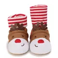 Close-up of baby winter reindeer boots with red and white striped knit cuffs - Inner Length 11cm / Christmas Reindeer Brown (F25)