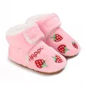 Detailed side view of pink plush baby walker boots with cute strawberry embroidery patterns. - Inner Length 11cm / Pink