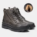 Men's genuine leather Martin boots with warm plush lining in dark grey style finish - Brown (Fleece Lined)