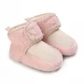 Cozy pink plush baby winter boots with cream ribbed toe and velcro strap details. - Pink