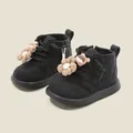 Élégantes bottes courtes matelassées noires pour bébé fille avec fleurs 3D et décor - Taille 16 (Longueur intérieure 12.5cm) / Noir (Simple)