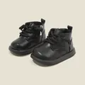 Classic black matte leather toddler boots with side zipper and laces for baby girls and boys - Black