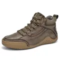 Brown hand-stitched faux leather mid-top casual work boots for men with flat rubber soles - 38 / Martin Boots (QZ-9605) / Brown