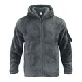 Detailweergave van de grijze fleecejas met een zachte textuur en capuchondetails. - S / Tops / Grijs