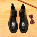 Elegant men's black shiny leather high-top brogue boots with wingtip carving and side zipper - Black