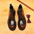 Men's classic brown leather wingtip Brogue boots with gradient finish and thick soles - Coffee
