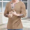 Men's khaki slim-fit ribbed sweater with deep V-neck and long sleeves for casual wear - S / Tops / Khaki