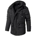 Men's black mid-length insulated winter parka with fleece lining and hood - S / Tops / Black