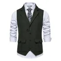 Gilet da uomo vintage in tweed a spina di pesce, vestibilità slim con risvolto verde scuro. - Verde Scuro