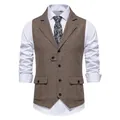 Gilet classico in tweed spigato marrone da uomo con bavero e tasche con patta elegante - Caffè