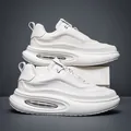 Stylish men's white leather chunky sneakers with breathable holes and air cushion sole - White
