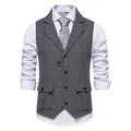 Elegante gilet vintage da uomo in tweed a spina di pesce con revers e tasche con patta - Grigio