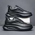 Premium black genuine leather men's chunky sneakers featuring visible air cushion cushioning - Black