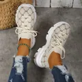 Stylish women's cream platform sneakers with breathable woven pattern and laces - Off White
