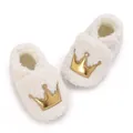Soft fleece newborn baby booties with golden crown embroidery detail - White