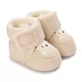 Close-up of plush-lined baby booties with cute bear embroidery and velcro strap - White Bear (H16) / Bottom Length 11CM