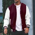 Detail of classic men's burgundy fleece varsity jacket with white sleeves and snap buttons - Burgundy