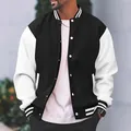 Chaqueta varsity clásica para hombre en blanco y negro con cálido forro polar y botones - S / Negro