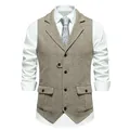 Vista dettagliata del gilet in tweed a spina di pesce marrone da uomo con revers - Kaki