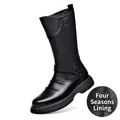 Men's premium black genuine leather high-top Martin boots with side zipper and buckles - 38 / Single Lining / Black