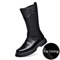 Men's high-top black leather knight boots with warm fleece lining and side zipper - 38 / Fleece Lined / Black