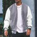Men's grey and white fleece baseball jacket with stand collar and button closure detail - S / Tops / Light Gray