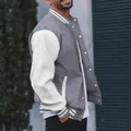 Close-up of grey and white varsity jacket with striped ribbed cuffs and stand collar - S / Tops / Light Gray