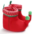 Detail view of red and green Christmas elf baby shoes made of soft warm plush fabric - Inner Length 11cm / Christmas Elf Red Green (B138)