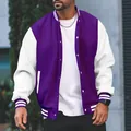 Stylish purple and white men's varsity jacket with striped ribbing and snap closures. - Purple