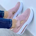 Pink breathable knit platform sneakers with hollow out design and velcro closure strap - Pink