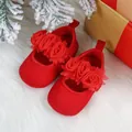 Red baby Christmas princess shoes with rose flower strap decorations on white fur - Red B (Rose Style)