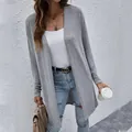 Full outfit detail of a women's long sleeve open front solid gray knit cardigan sweater - S / Tops / Gray
