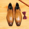 Elegant men's brown burnished leather Chelsea boots featuring a sharp pointed toe - 37 / Yellow Brown