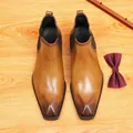 Premium brown burnished leather Chelsea boots for men with warm fleece lining and pointed toe - 38 / Brown Fleece Lined