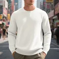 Close-up of men's white crew neck sweatshirt with waffle knit texture - White