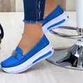Blue platform loafers for women featuring round toe and decorative metal buckle detail. - Sky Blue