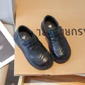 Klassische schwarze Brogue-Lederschuhe für Kinder im britischen Stil mit Klettverschluss - 26 / Klettverschluss (HKB-1720)