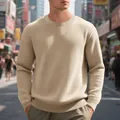 Close-up of men's beige waffle knit sweatshirt with textured grid pattern and round neck - Khaki