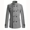 Men's slim fit grey wool trench coat with double-breasted front and stand-up collar design - M / Tops / Gray