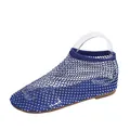 Elegant blue mesh hollow flat sandals with sparkling rhinestone embellishments for women - Blue
