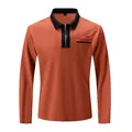 Detail view of men's rust orange long-sleeve polo shirt with black half-zip collar - S / Tops / Orange with Black Collar