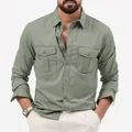 Chemise décontractée à manches longues vert olive avec double poches - Vert Gris